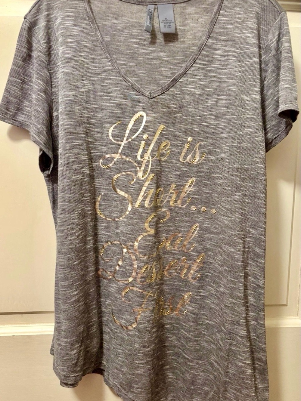 new directions Gray V-Neck Tee with Gold Script Accent